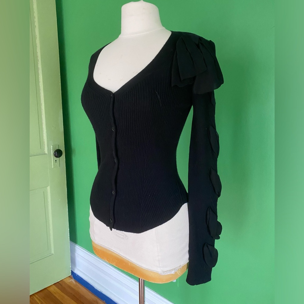 Y2K Valentino Black Ribbed Cardigan with bow tie sleeve accent